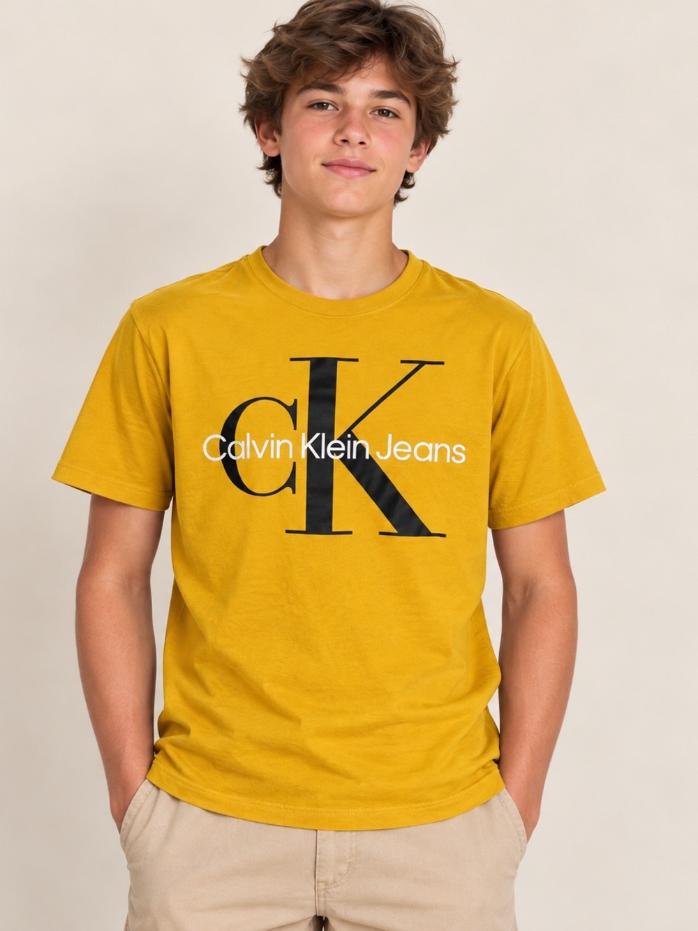 Calvin Klein Jeans CK Logo Graphic Tee Mustard Yellow Boys XL 18-20